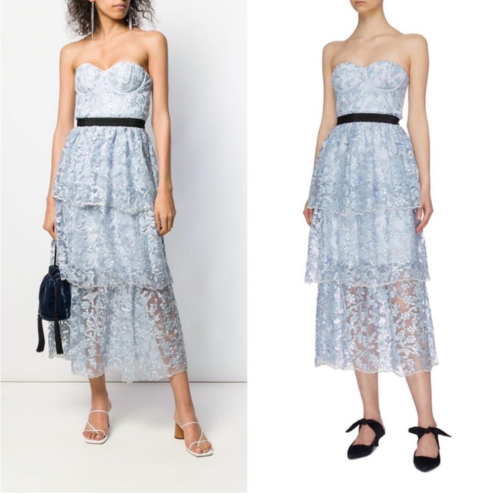 Self Portrait Blue Sequin Ruffle Midi Dress